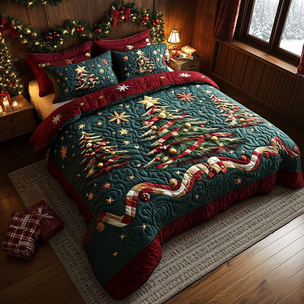 Pine Whisper quilted 3-piece bedding set on a made bed with two matching pillow shams