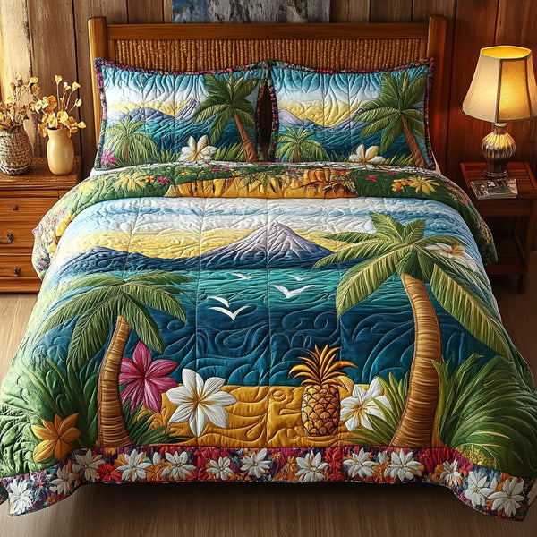 Pineapple Coast quilted 3-piece bedding set on a made bed with two matching pillow shams