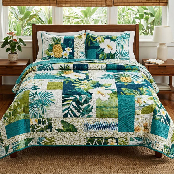 Pineapple Isle quilted 3-piece bedding set on a made bed with two matching pillow shams