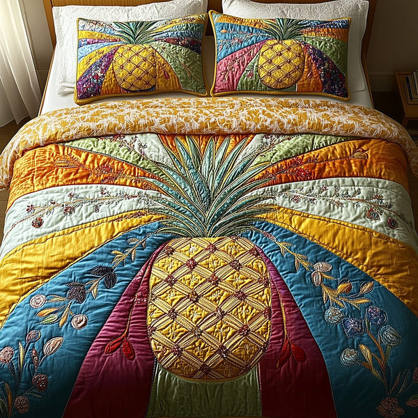 Pineapple quilted 3-piece bedding set on a made bed with two matching pillow shams