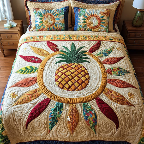Pineapple quilted 3-piece bedding set on a made bed with two matching pillow shams