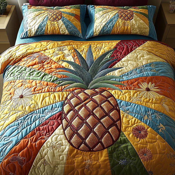 Pineapple quilted 3-piece bedding set on a made bed with two matching pillow shams
