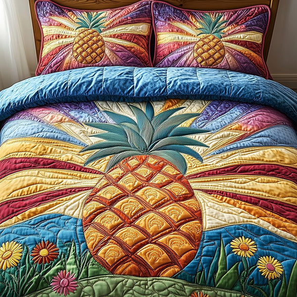 Pineapple quilted 3-piece bedding set on a made bed with two matching pillow shams