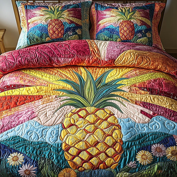 Pineapple quilted 3-piece bedding set on a made bed with two matching pillow shams