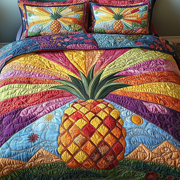 Pineapple quilted 3-piece bedding set on a made bed with two matching pillow shams