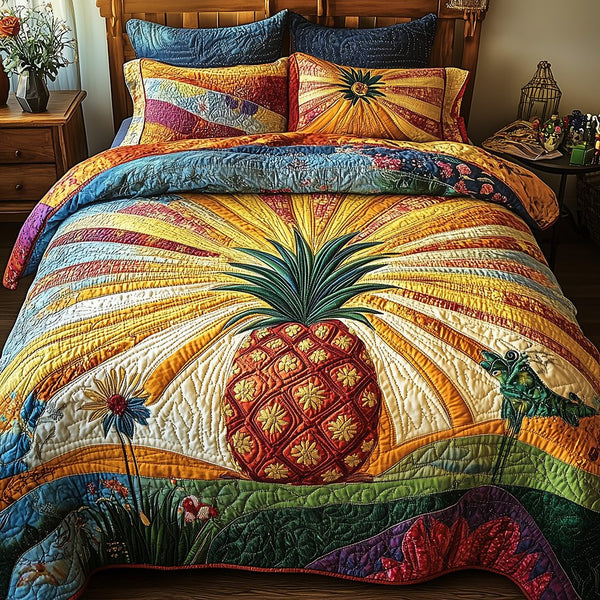 Pineapple quilted 3-piece bedding set on a made bed with two matching pillow shams