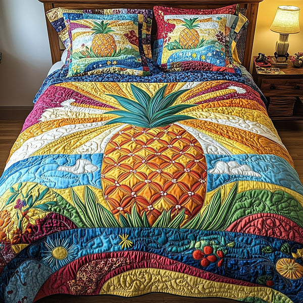 Pineapple quilted 3-piece bedding set on a made bed with two matching pillow shams