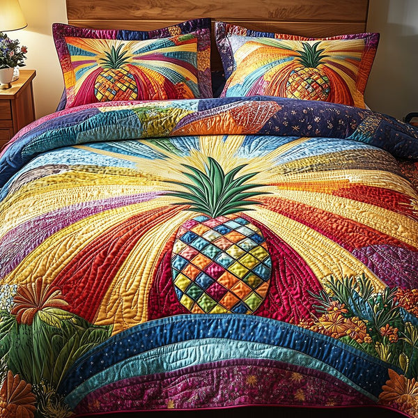Pineapple quilted 3-piece bedding set on a made bed with two matching pillow shams