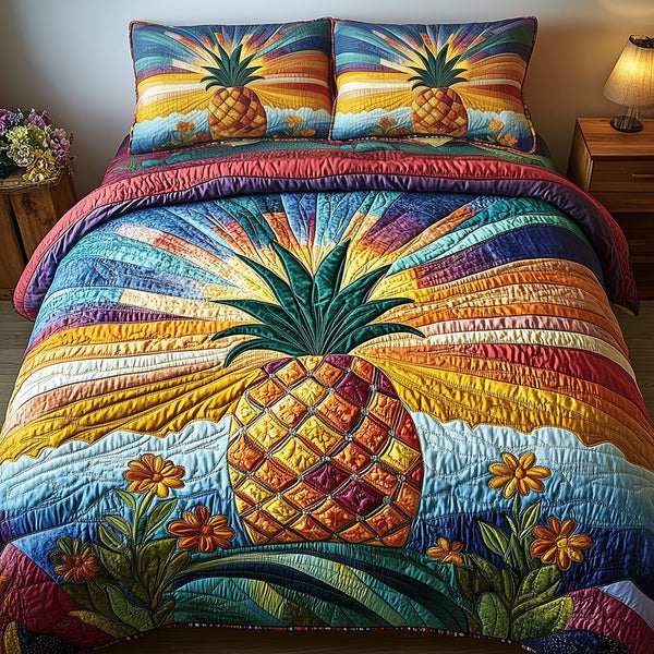 Pineapple quilted 3-piece bedding set on a made bed with two matching pillow shams