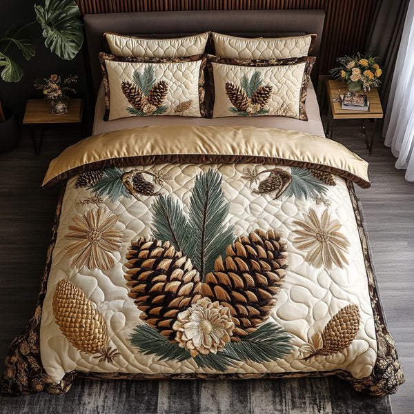 Pinecone Dreams quilted 3-piece bedding set on a made bed with two matching pillow shams
