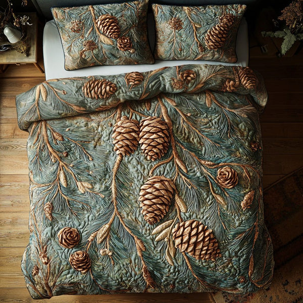 Pinecone Forest quilted 3-piece bedding set on a made bed with two matching pillow shams