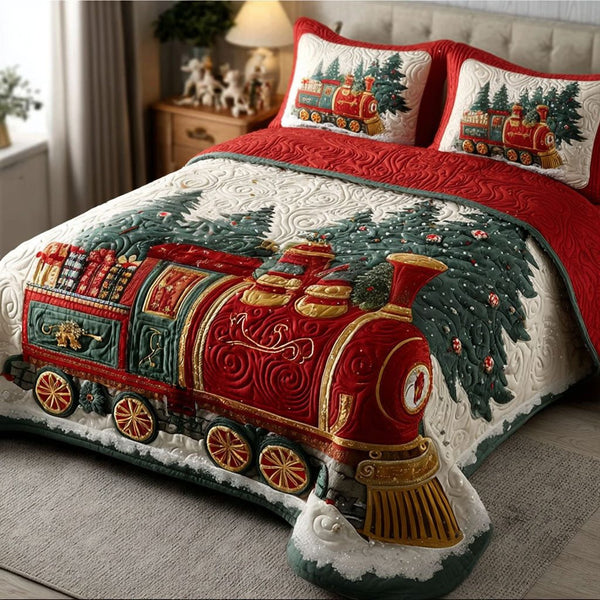Pinecone Railway quilted 3-piece bedding set on a made bed with two matching pillow shams