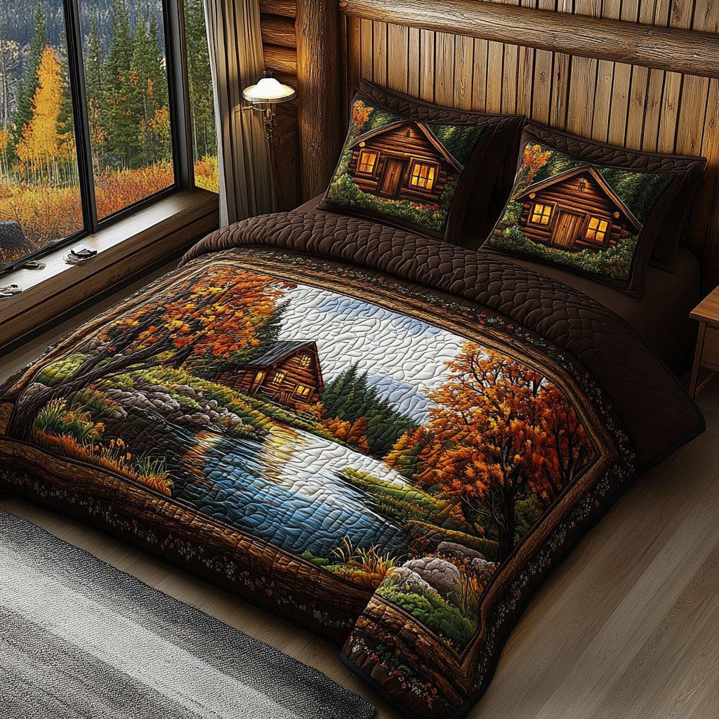 Pinewood Dreams quilted 3-piece bedding set on a made bed with two matching pillow shams