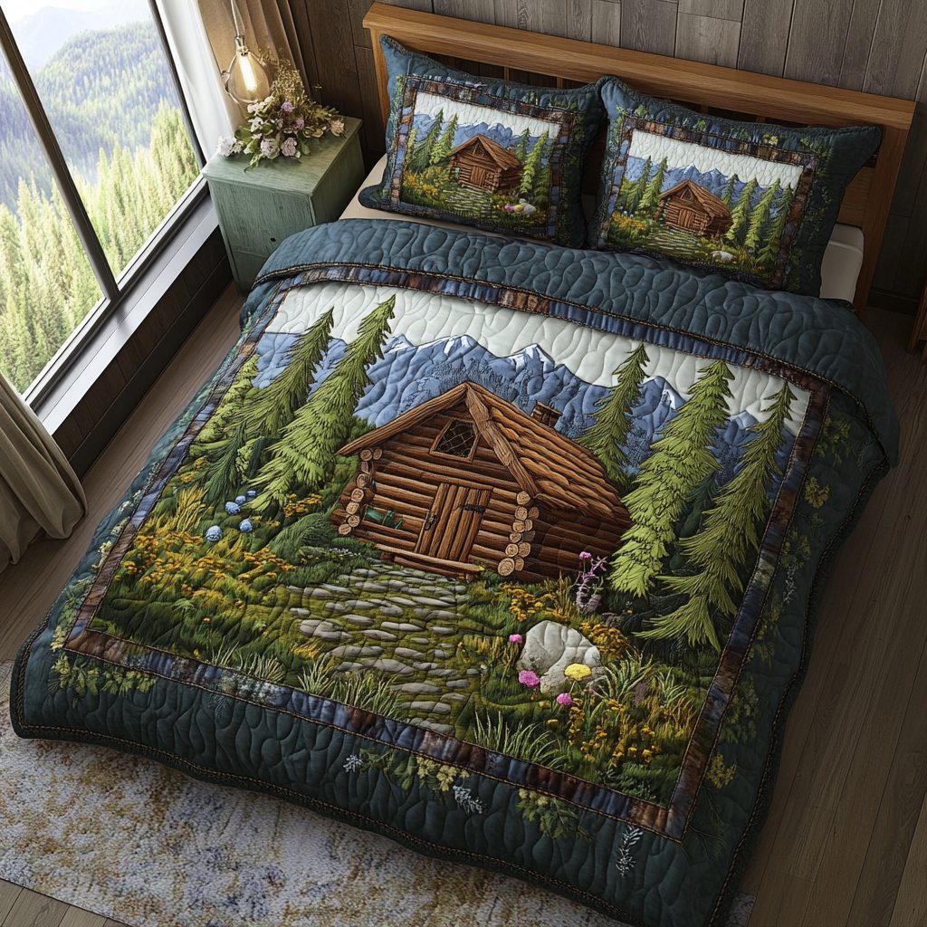 Pinewood Haven quilted 3-piece bedding set on a made bed with two matching pillow shams