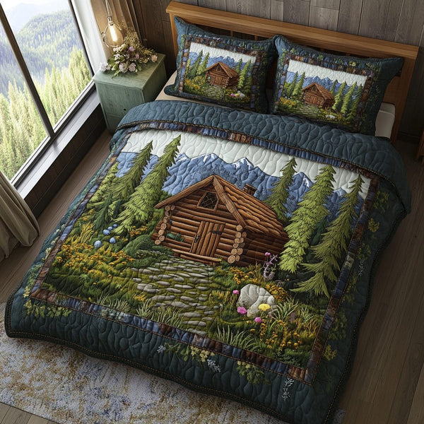 Pinewood Haven quilted 3-piece bedding set on a made bed with two matching pillow shams