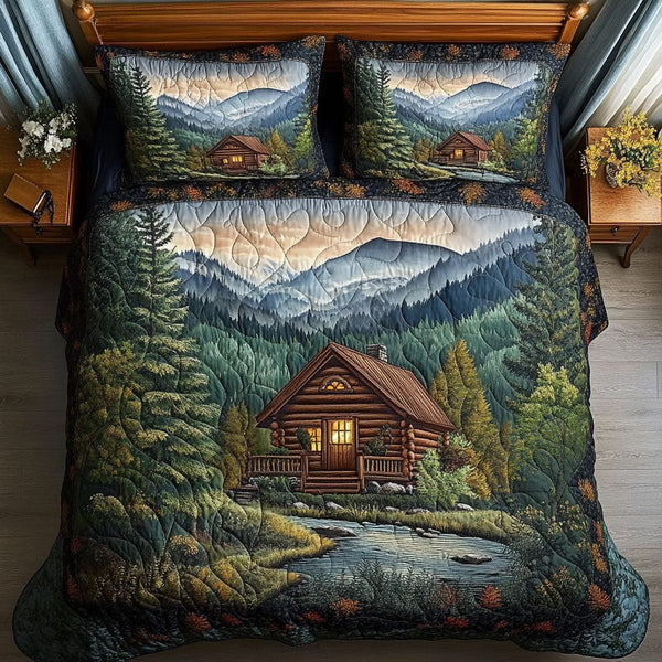 Piney Ridge quilted 3-piece bedding set on a made bed with two matching pillow shams