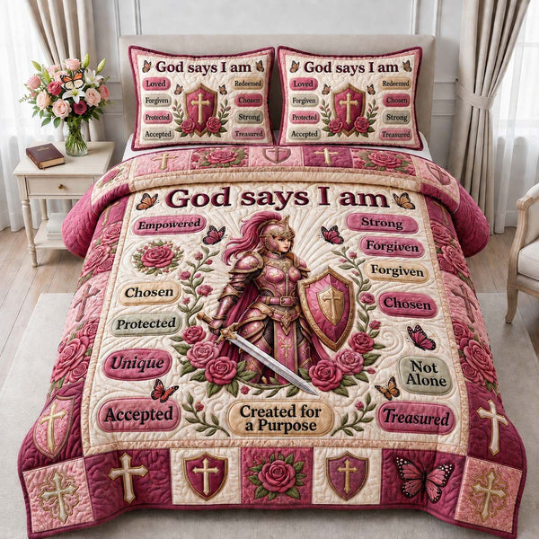 Pink Armor Grace quilted 3-piece bedding set on a made bed with two matching pillow shams