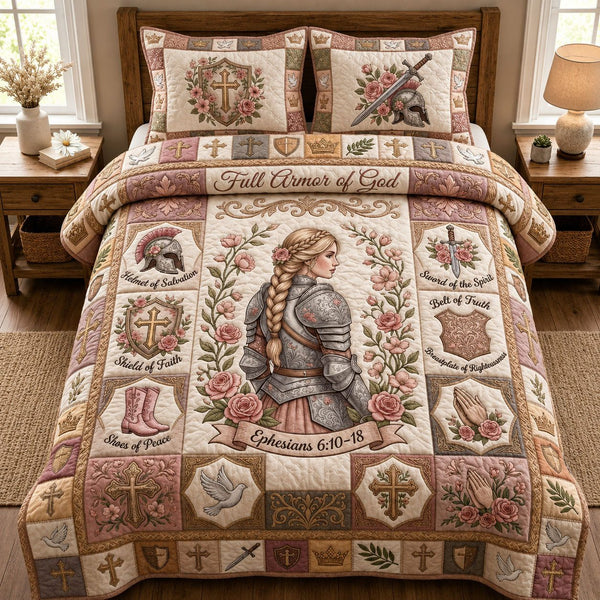 Pink Armor Of God quilted 3-piece bedding set on a made bed in a softly lit bedroom