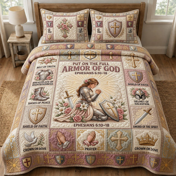 Pink Armor Of God quilted 3-piece bedding set on a made bed in a softly lit bedroom