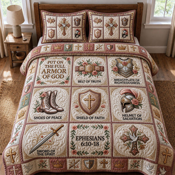 Pink Armor Of God quilted 3-piece bedding set on a made bed in a softly lit bedroom