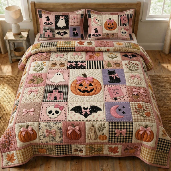 Pink Black Halloween quilted 3-piece bedding set on a made bed against a dark styled interior