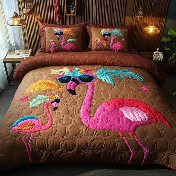 Pink Chillout quilted 3-piece bedding set on a made bed with two matching pillow shams
