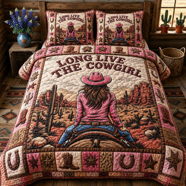 Pink Desert Cowgirl quilted 3-piece bedding set on a made bed in a rustic timber bedroom