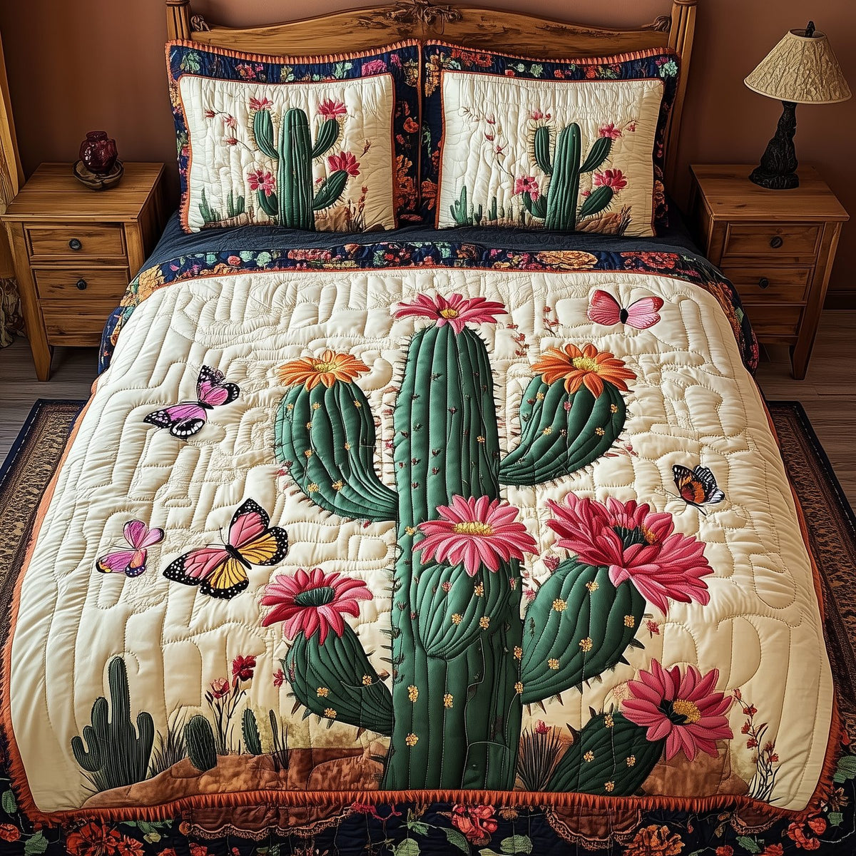 Pink Desert Flower quilted 3-piece bedding set on a made bed with two matching pillow shams