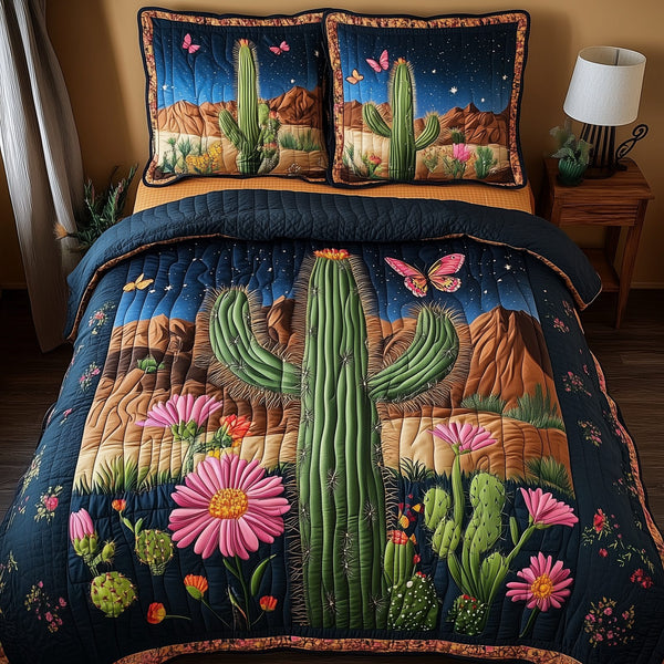 Pink Desert Flower quilted 3-piece bedding set on a made bed with two matching pillow shams