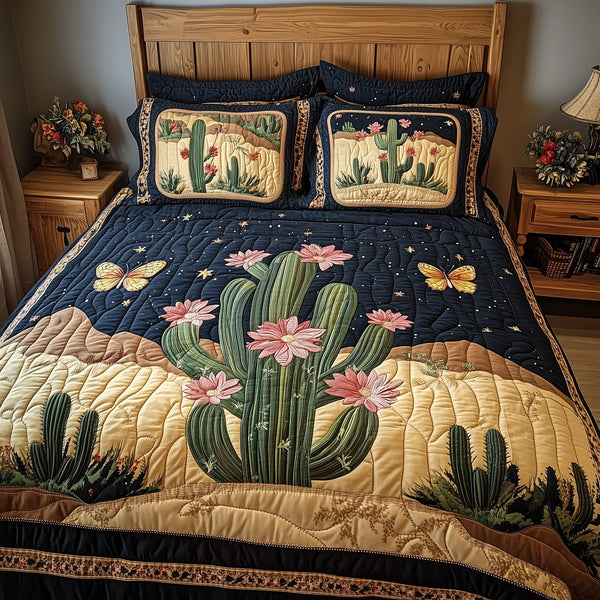 Pink Desert Flower quilted 3-piece bedding set on a made bed with two matching pillow shams