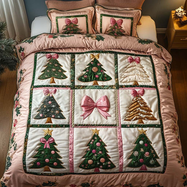 Pink Elegance quilted 3-piece bedding set on a made bed with two matching pillow shams
