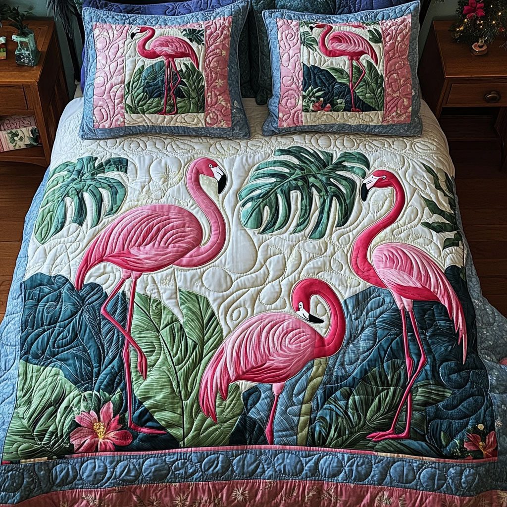 Pink Euphoria quilted 3-piece bedding set on a made bed with two matching pillow shams
