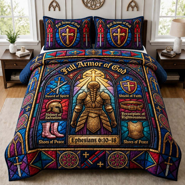 Pink Faith Warrior quilted 3-piece bedding set on a made bed in a softly lit bedroom