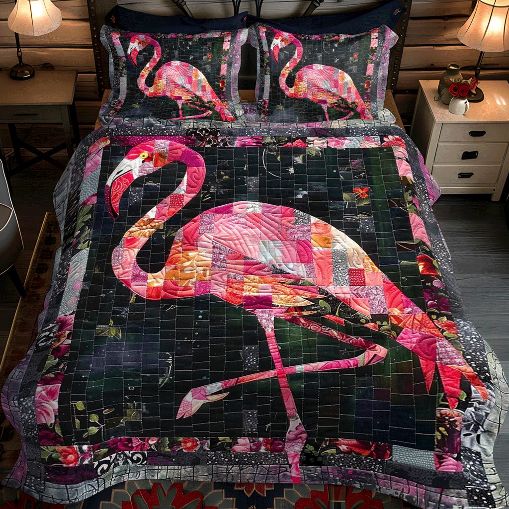 Pink Flamingo Delight quilted 3-piece bedding set on a made bed with two matching pillow shams