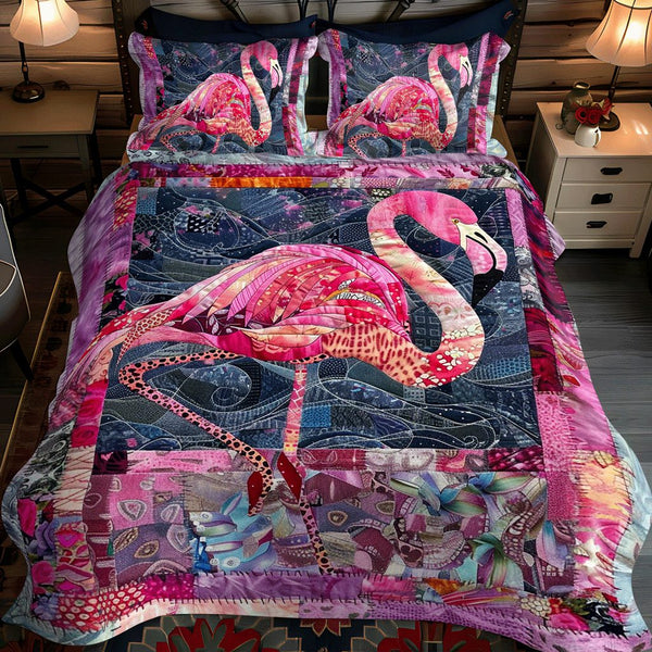Pink Flamingo Haven quilted 3-piece bedding set on a made bed with two matching pillow shams