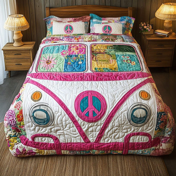 Pink Floral Van quilted 3-piece bedding set on a made bed with two matching pillow shams
