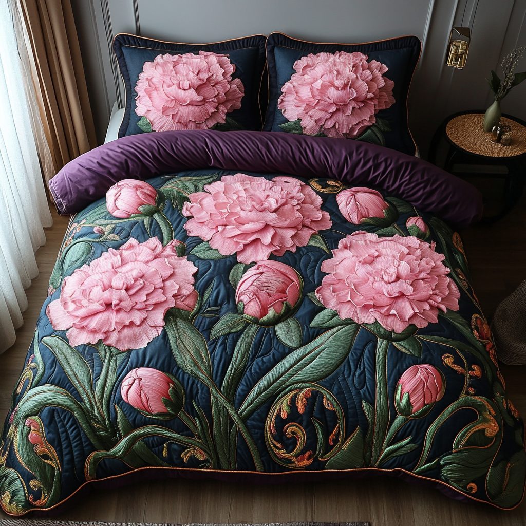 Pink Grace quilted 3-piece bedding set on a made bed with two matching pillow shams