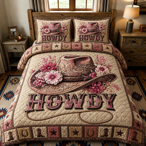 Pink Howdy Country Gals quilted 3-piece bedding set on a made bed in a farmhouse bedroom