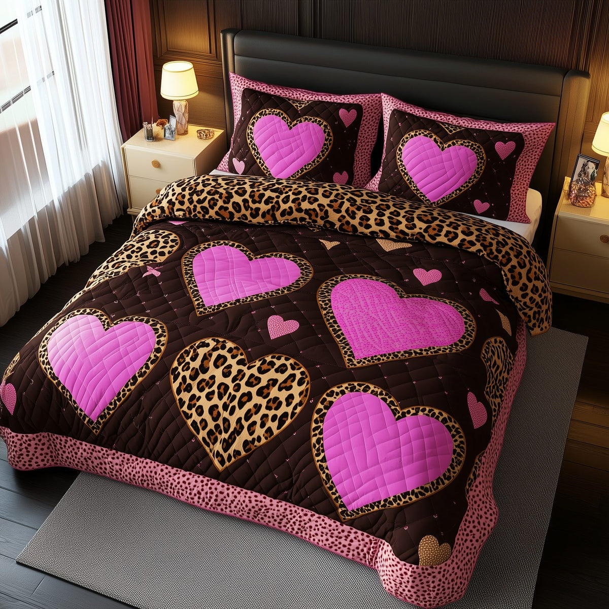 Pink Leopard Heart quilted 3-piece bedding set on a made bed with two matching pillow shams