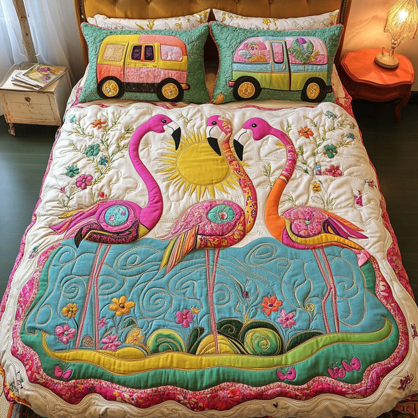Pink Mirage quilted 3-piece bedding set on a made bed with two matching pillow shams
