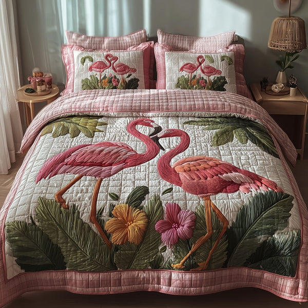 Pink Paradise quilted 3-piece bedding set on a made bed with two matching pillow shams