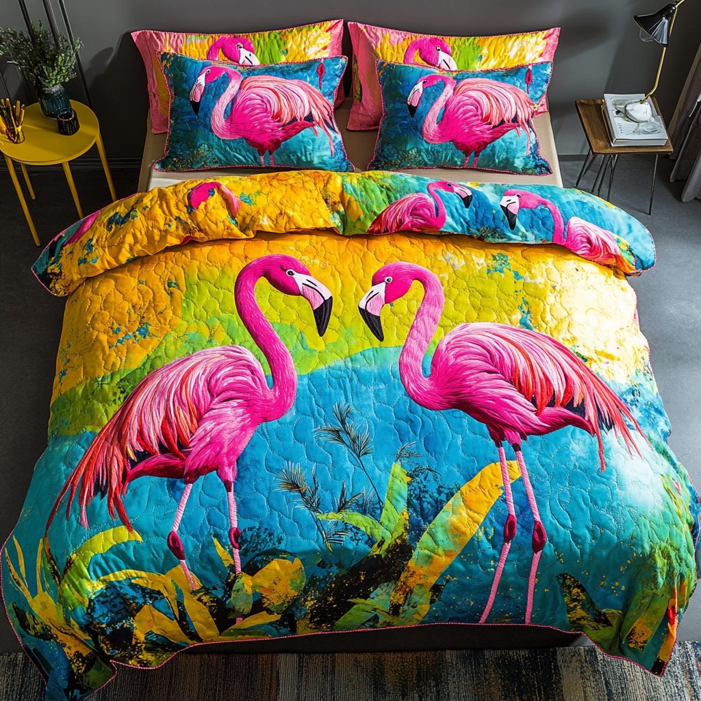 Pink Paradise quilted 3-piece bedding set on a made bed with two matching pillow shams
