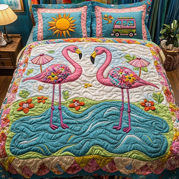 Pink Paradise quilted 3-piece bedding set on a made bed with two matching pillow shams