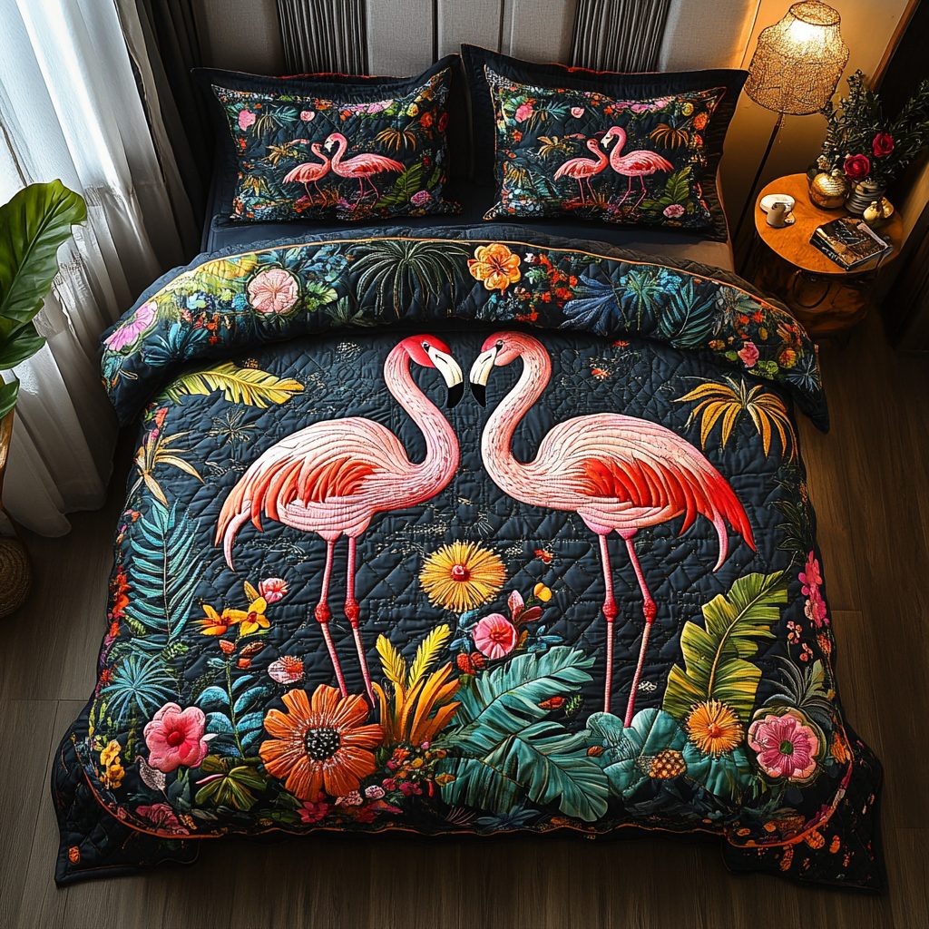 Pink Paradise quilted 3-piece bedding set on a made bed with two matching pillow shams