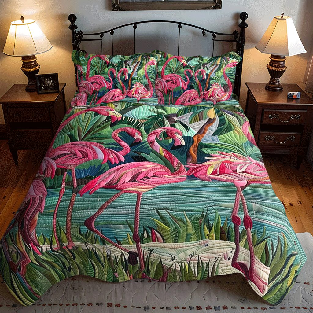 Pink Paradise quilted 3-piece bedding set on a made bed with two matching pillow shams