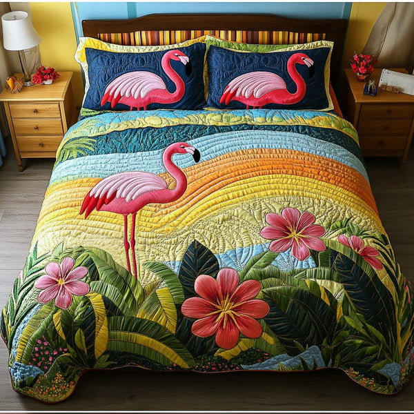 Pink Perfection quilted 3-piece bedding set on a made bed with two matching pillow shams