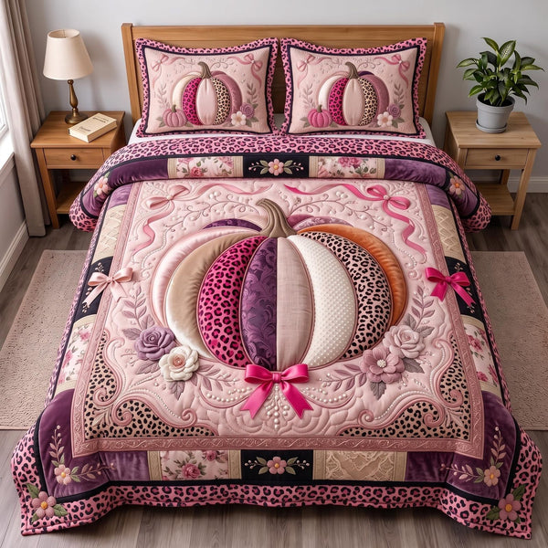 Pink Pumpkin quilted 3-piece bedding set on a made bed against a dark styled interior
