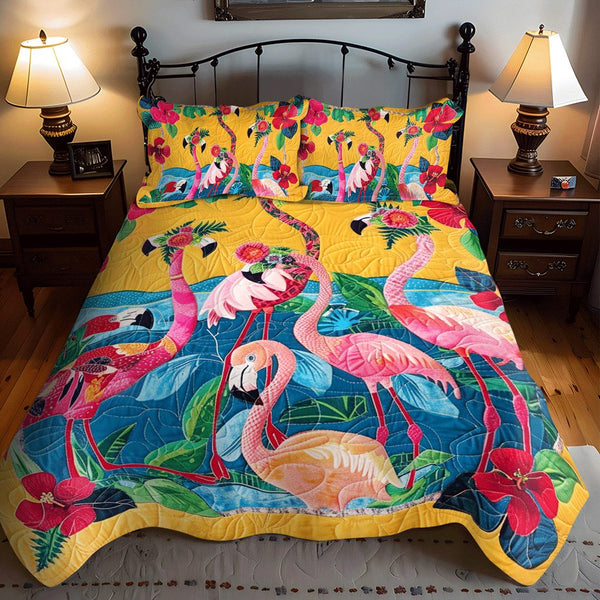 Pink Serenity quilted 3-piece bedding set on a made bed with two matching pillow shams