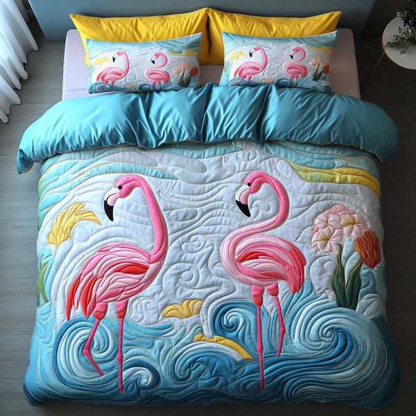 Pink Shenanigans quilted 3-piece bedding set on a made bed with two matching pillow shams