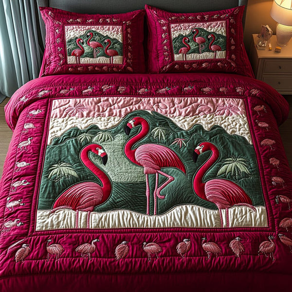 Pink Sunset quilted 3-piece bedding set on a made bed with two matching pillow shams